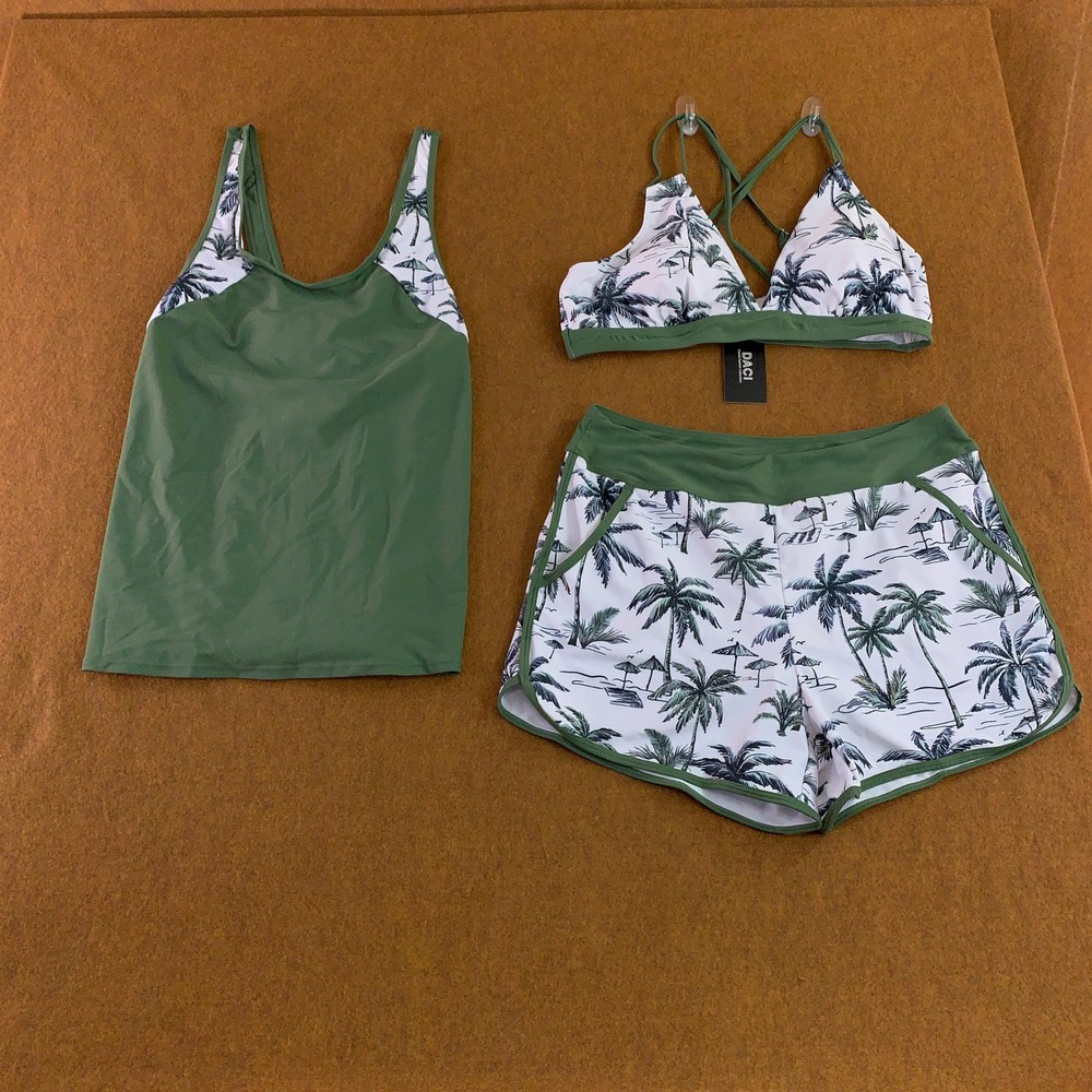 Daci Womens XL Green Palm Tree Print 3 Piece Tankini Bikini Swimsuit Set NWT